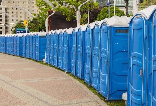 a fleet of portable restrooms ready for use at a large outdoor wedding or celebration in Acworth GA